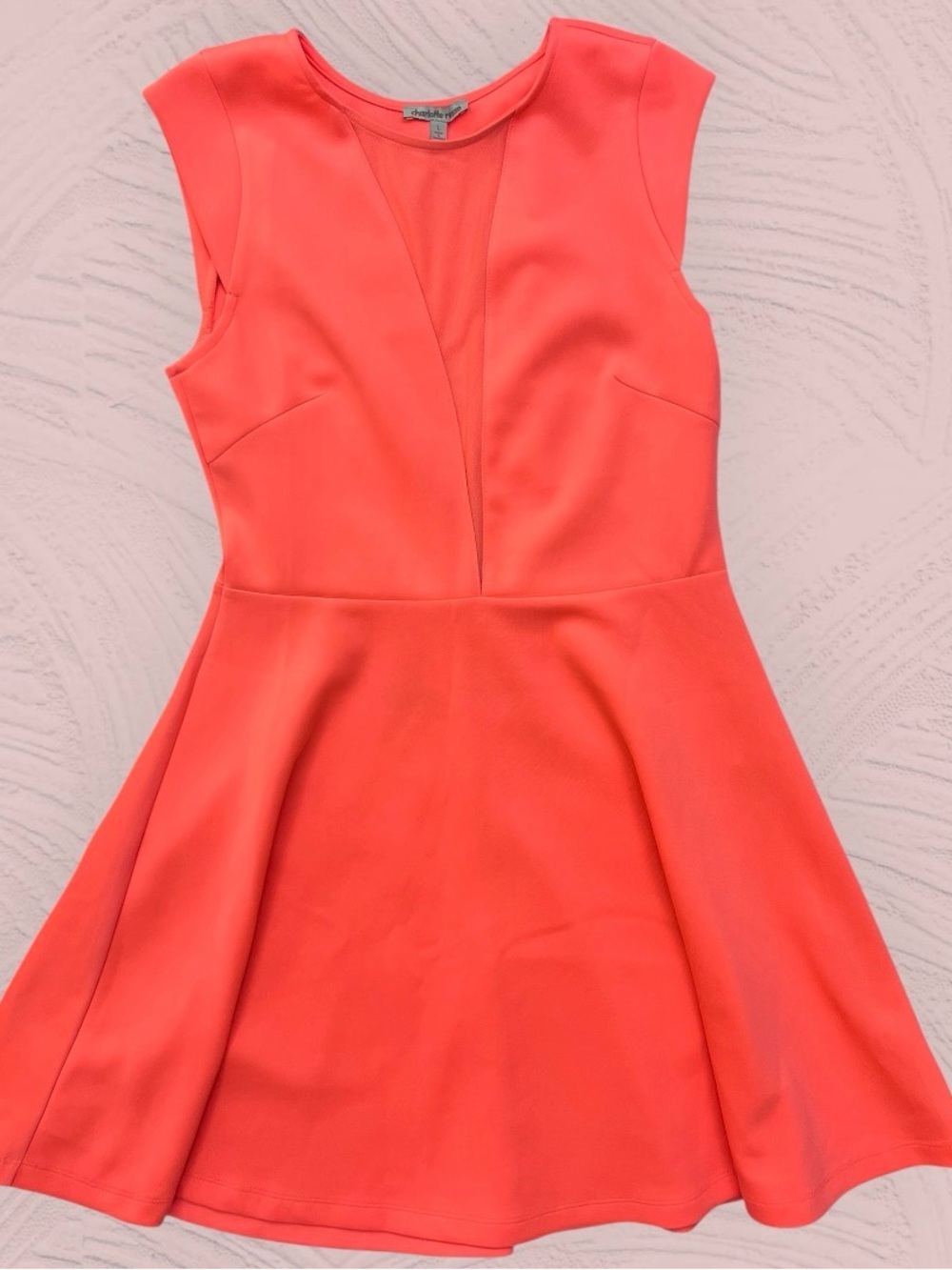 Charlotte Russe Neon Coral Skater Dress | Mesh Plunge Fit & Flare Dress Size L
